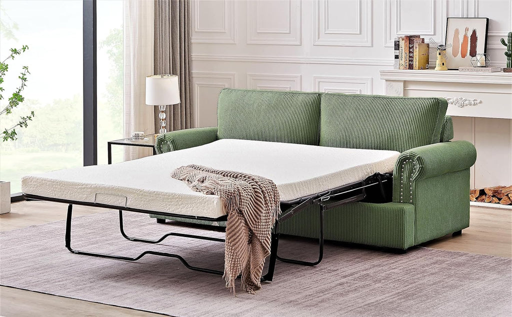 Reversible Sleeper Sofa Bed with Comfortable Memory Foam Mattress, Convertible Corduroy Full Size Pull Out Couch for Living Room, Space Saving Furniture, 70" Wide, Rounded Arms, Dark Green