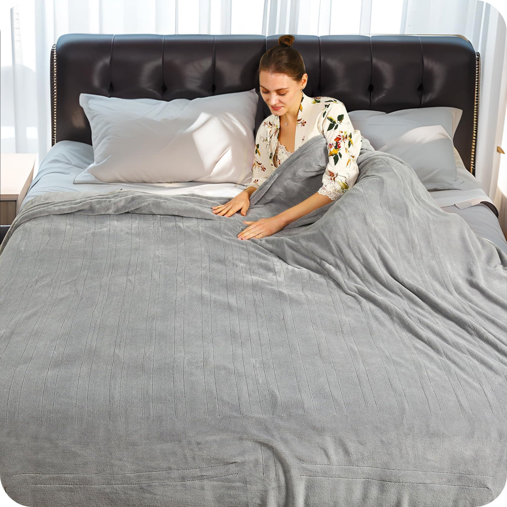 Couverture chauffante électrique DUODUO 72"x84" en polaire corail chaude avec 4 réglages de chaleur et arrêt automatique de 10 heures Protection contre la surchauffe - Gris 