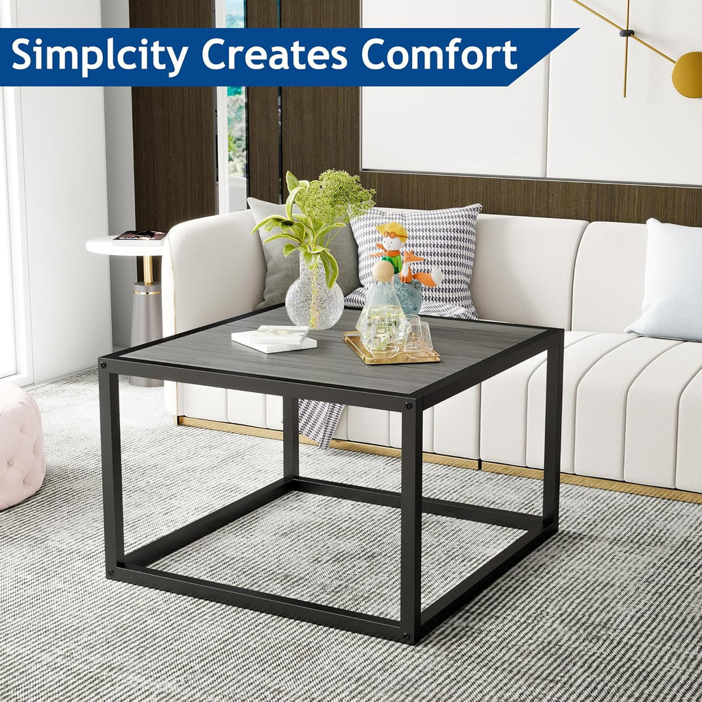 Square Coffee Tables for Living Room, Small Coffee Table with Storage Center Side Table with Wood Tabletop and Sturdy Metal Frame,Black and Gray/60x60x40cm