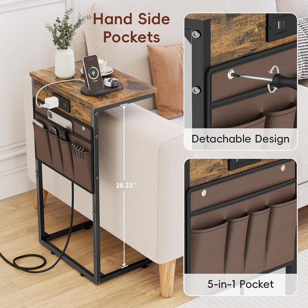 Vagusicc C Shaped End Table with Charging Station, 28" Tall Side Table for Couch, Sofa Table Small Couch Side Coffee Tables, Slide Under Sofa TV Tray Arm C Table for Living Room, Bedroom, Bedside
