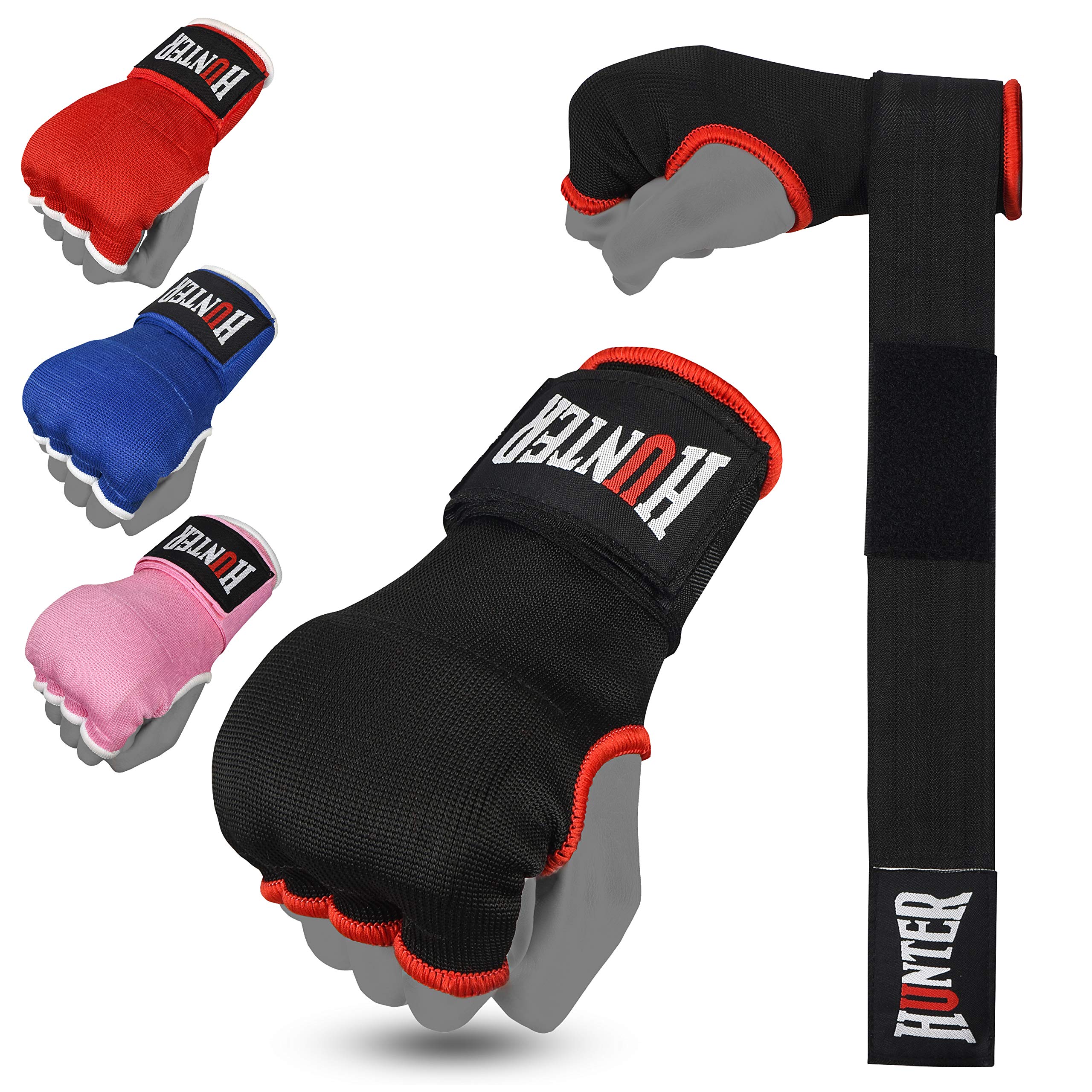 HUNTER Gel Padded Inner Gloves with Hand Wraps for Boxing, Quick Elastic Training Wraps for Men & Women, Muay Thai MMA Kickboxing Martial Arts Knuckle Wrist Protector (Pair)