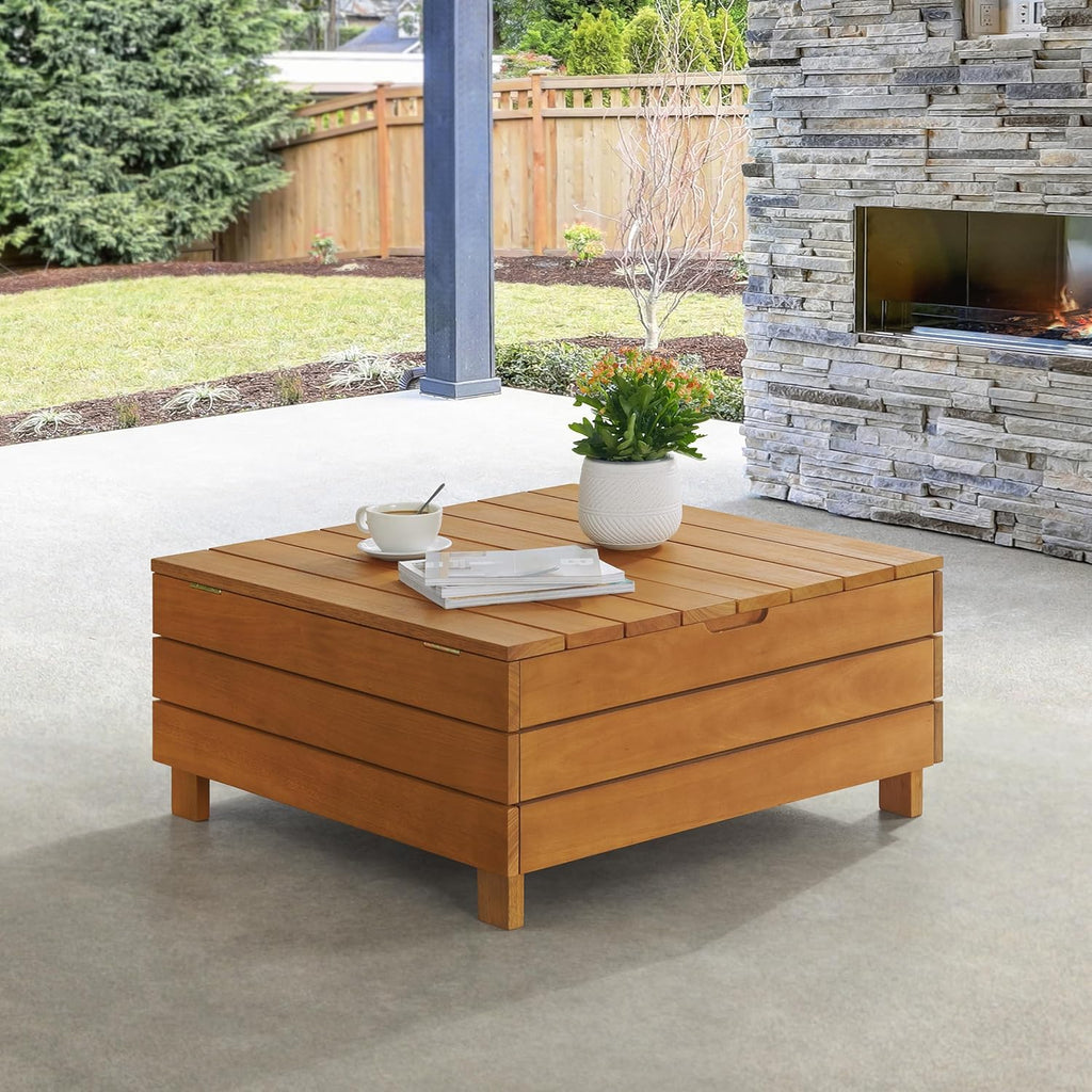 Outdoor Coffee Table - Weather-Resistant Eucalyptus Wood Patio Furniture Table with Lift Top Storage Compartment (Brown)