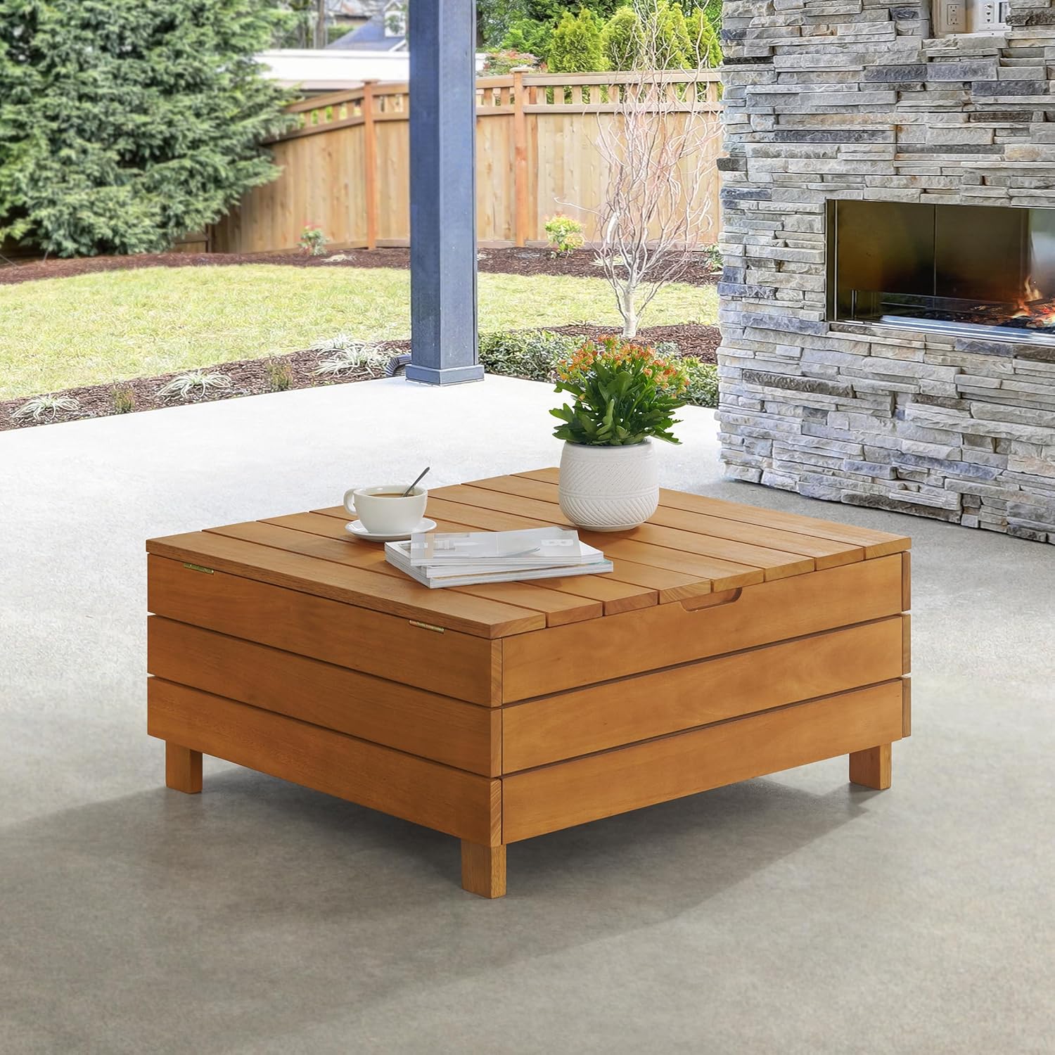 Outdoor Coffee Table - Weather-Resistant Eucalyptus Wood Patio Furniture Table with Lift Top Storage Compartment (Brown)