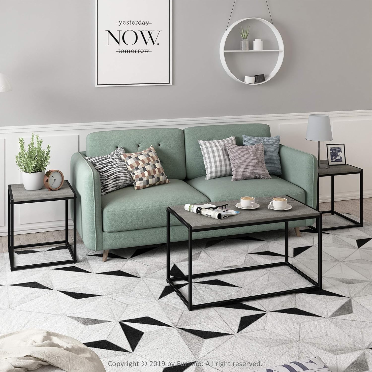 Furinno Camus Modern Living Room Coffee Table with 2 End Tables Set, French Oak Grey