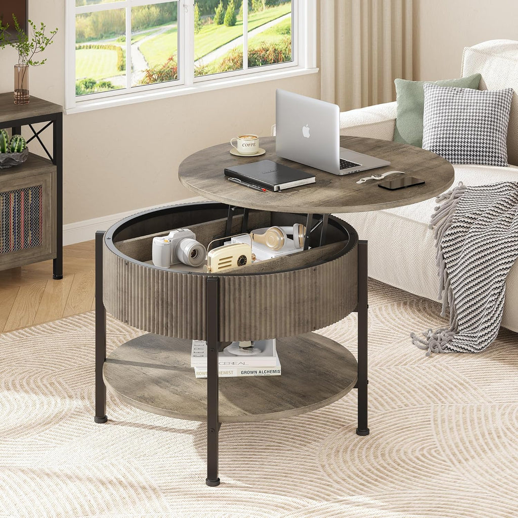 Small Round Coffee Table with Fluted Panel, Lift Top Coffee Table with Hidden Compartment and Open Shelf, Modern Lift Tabletop Dining Central Table for Living Room, Home Office, Grey