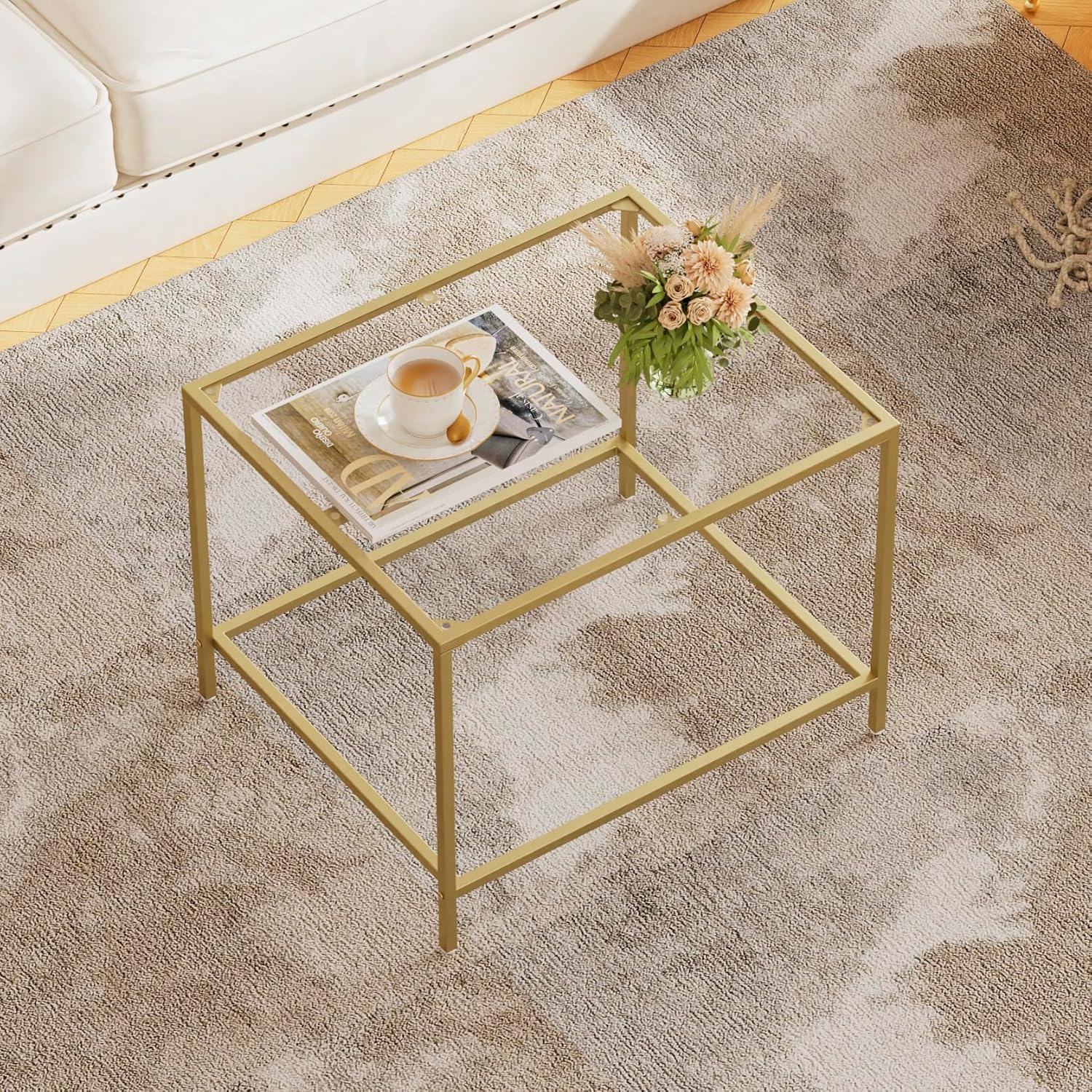 Glass Coffee Table, Modern Rectangular Coffee Table for Living Room, Minimalist Center Tea Table with Sturdy Metal Frame for Apartment, Office, Easy Assembly, 23.6 x 19.7 x 17.7 Inches, Golden