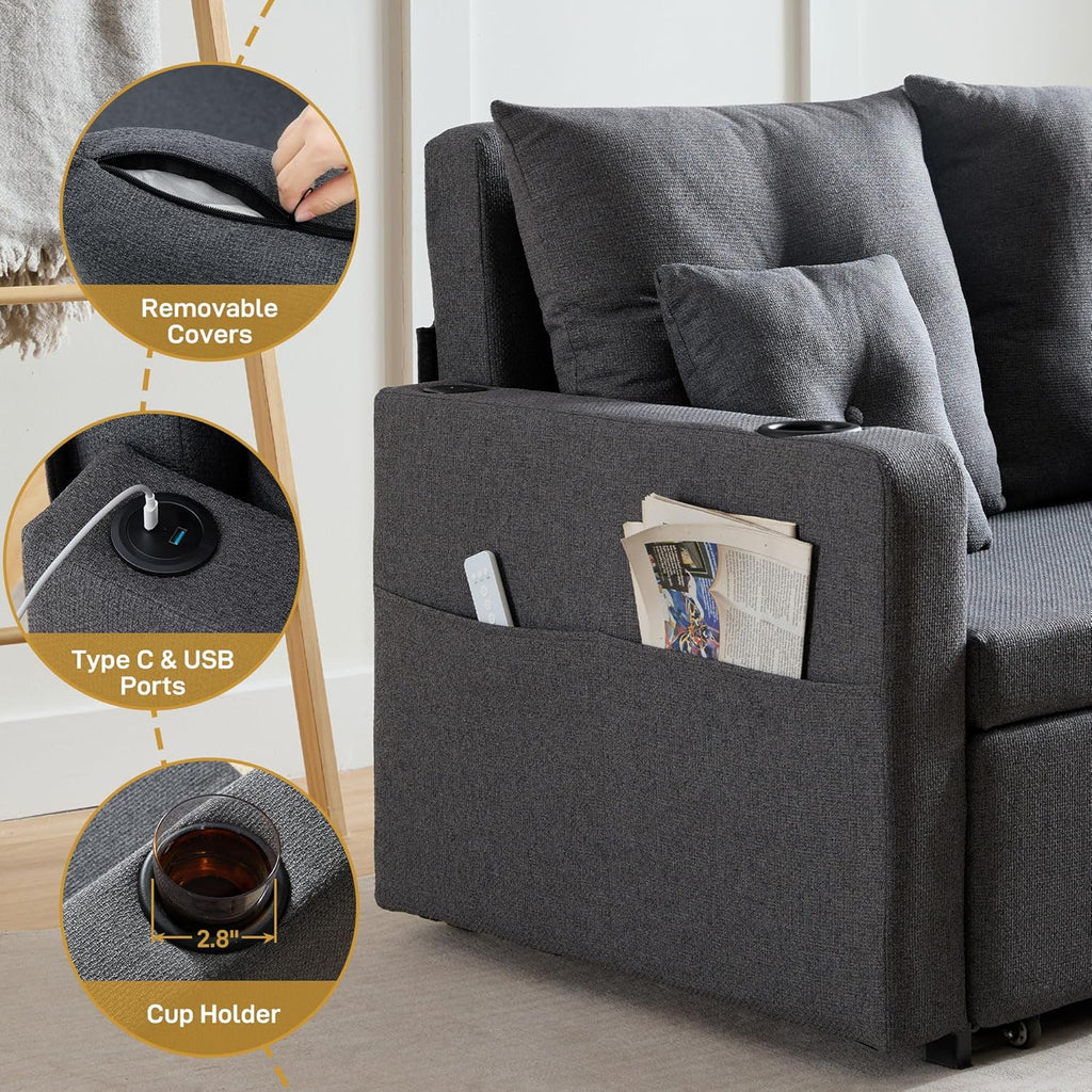 3 in 1 Convertible Sofa Bed, 56" Full Size Loveseat Sleeper Sofa Couch Bed, Sleeper Sofa Bed with Storage Pocket, USB, Comfy Pull Out Sofa Bed for Living Room, Bedroom, Small Space, Dark Grey