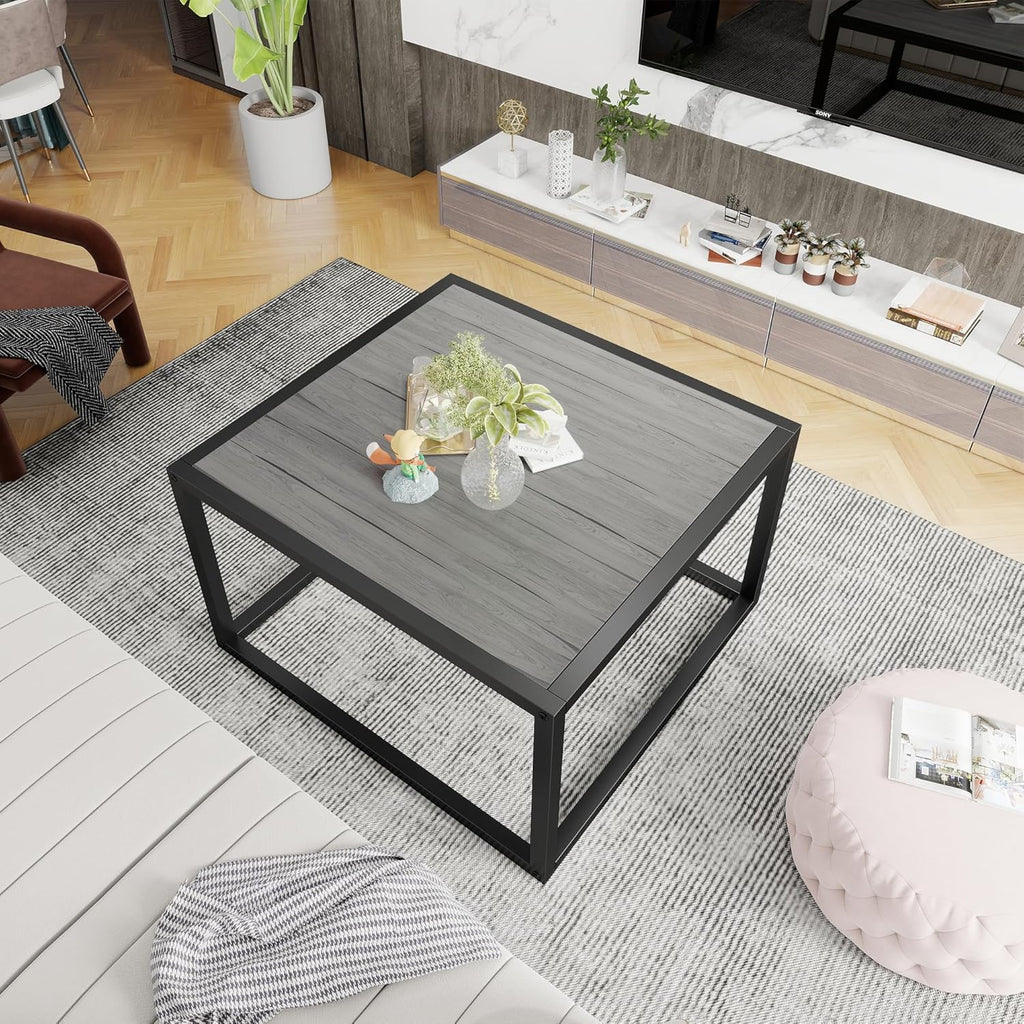 Square Coffee Tables for Living Room, Small Coffee Table with Storage Center Side Table with Wood Tabletop and Sturdy Metal Frame,Black and Gray/60x60x40cm