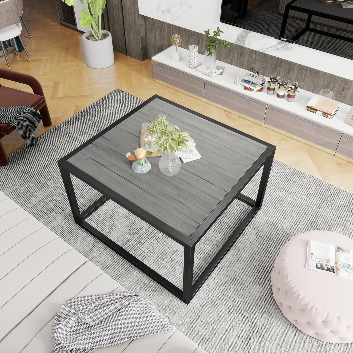 Square Coffee Tables for Living Room, Small Coffee Table with Storage Center Side Table with Wood Tabletop and Sturdy Metal Frame,Black and Gray/60x60x40cm