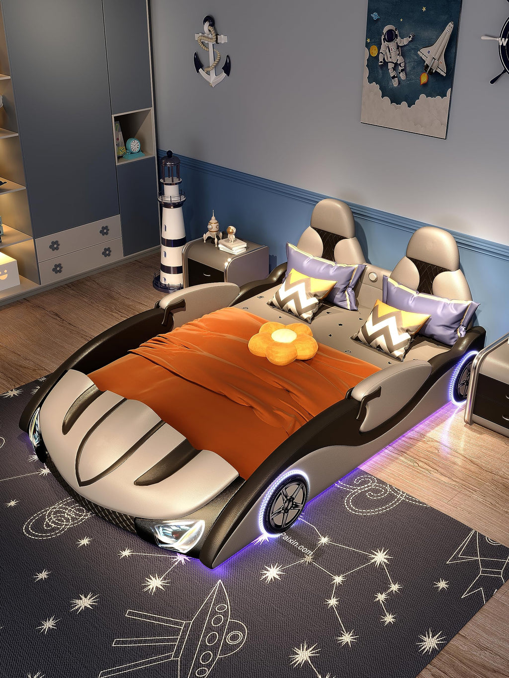 avanez Seng, Sportsvogn Design, Kunstlæder Materiale, Blød Sengestel, med Opbevaringsboks, kan Separat Udstyres med Queen Standard Madras (rød)