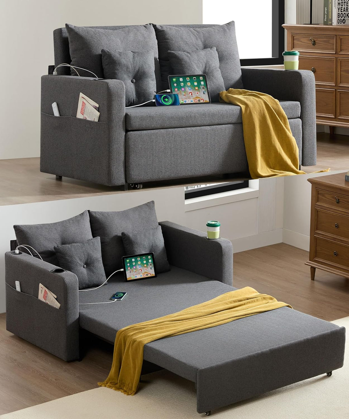 3 in 1 Sofa Bed, 56 Inch Convertible Pull Out Couch, Loveseat Sleeper Sofa with Cup Holders, USB, Sofa Couches for Living Room, Bedroom, Apartment, Dark Grey