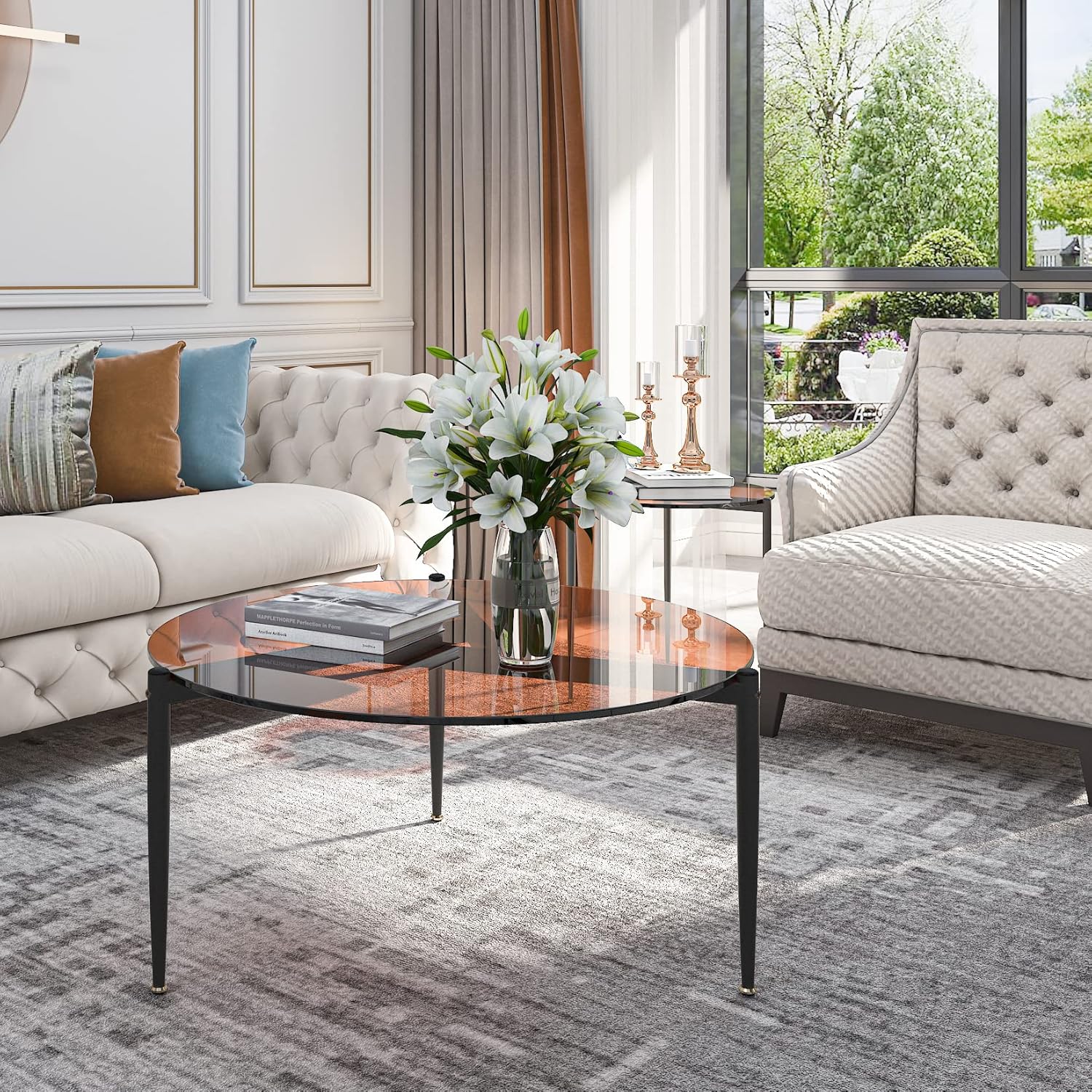 Round Tempered Glass Table 31.5 inch Large Circle Top Metal Frame Brown