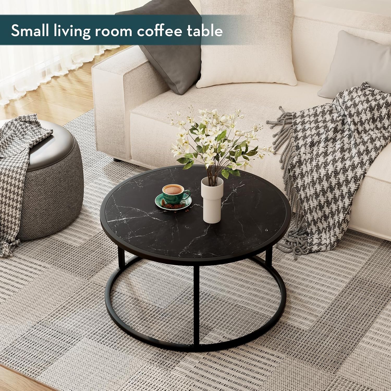 SAYGOER Black Coffee Table Round Marble CoffeeTables for Living Room Modern Small Center Table with Metal Frame, 27.6 * 27.6 * 17.7, Faux Marble