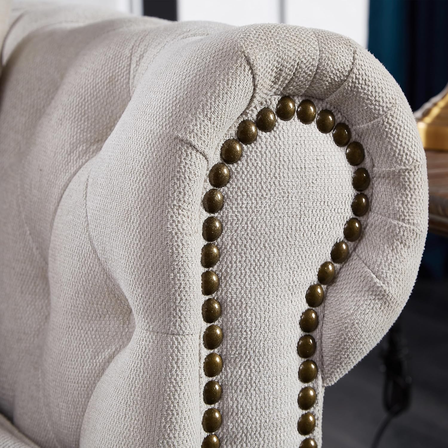 Chesterfield Sofa, 89" Mid Century Modern Couch with Low Back, Roll Arm Nailhead Trim Classic 3 Seater Couch for Living Room, Office, Apartment, Linen Beige