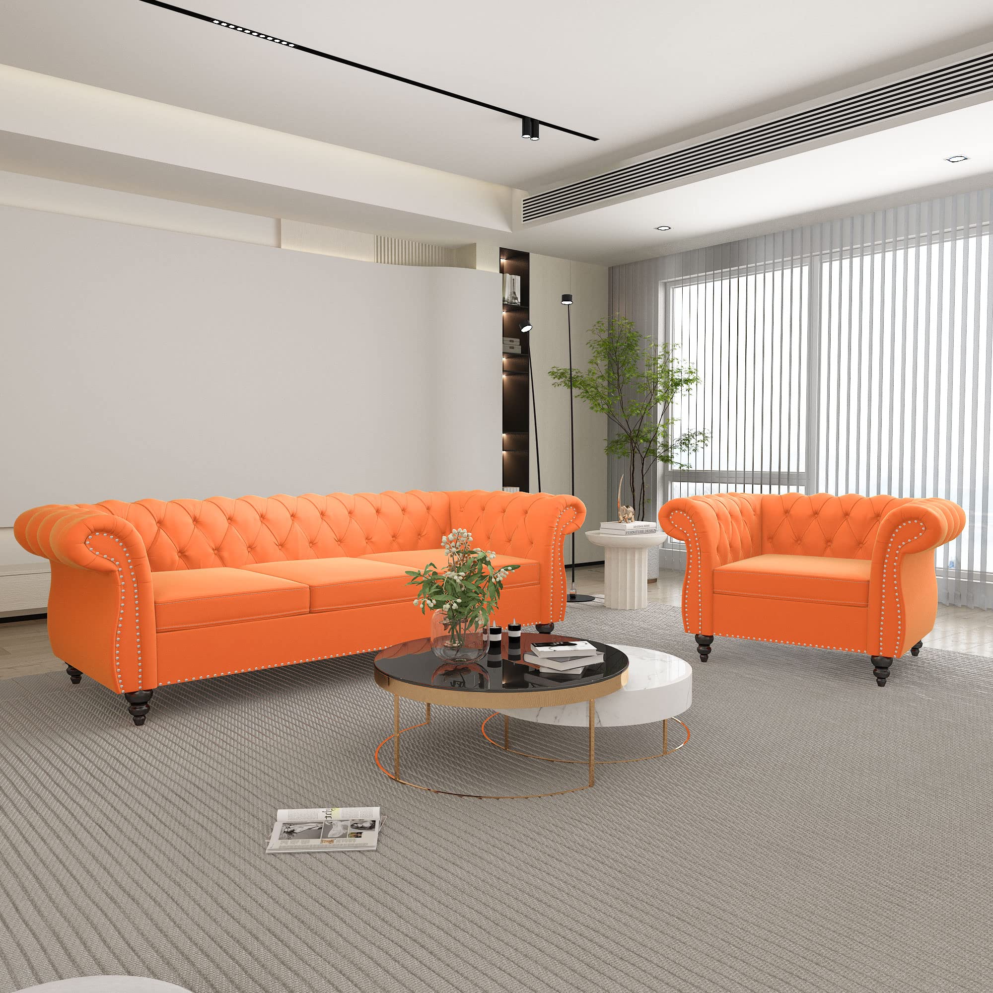 AVZEAR 3-Piece Living Room Sectional Sofa Set, Green Velvet Couch Upholstered Sofa Modern Sofa Couches Set Style Button Tufted, Velvet Chesterfield Sofa for Living Room Apartment, 1+2+3 Seat Green