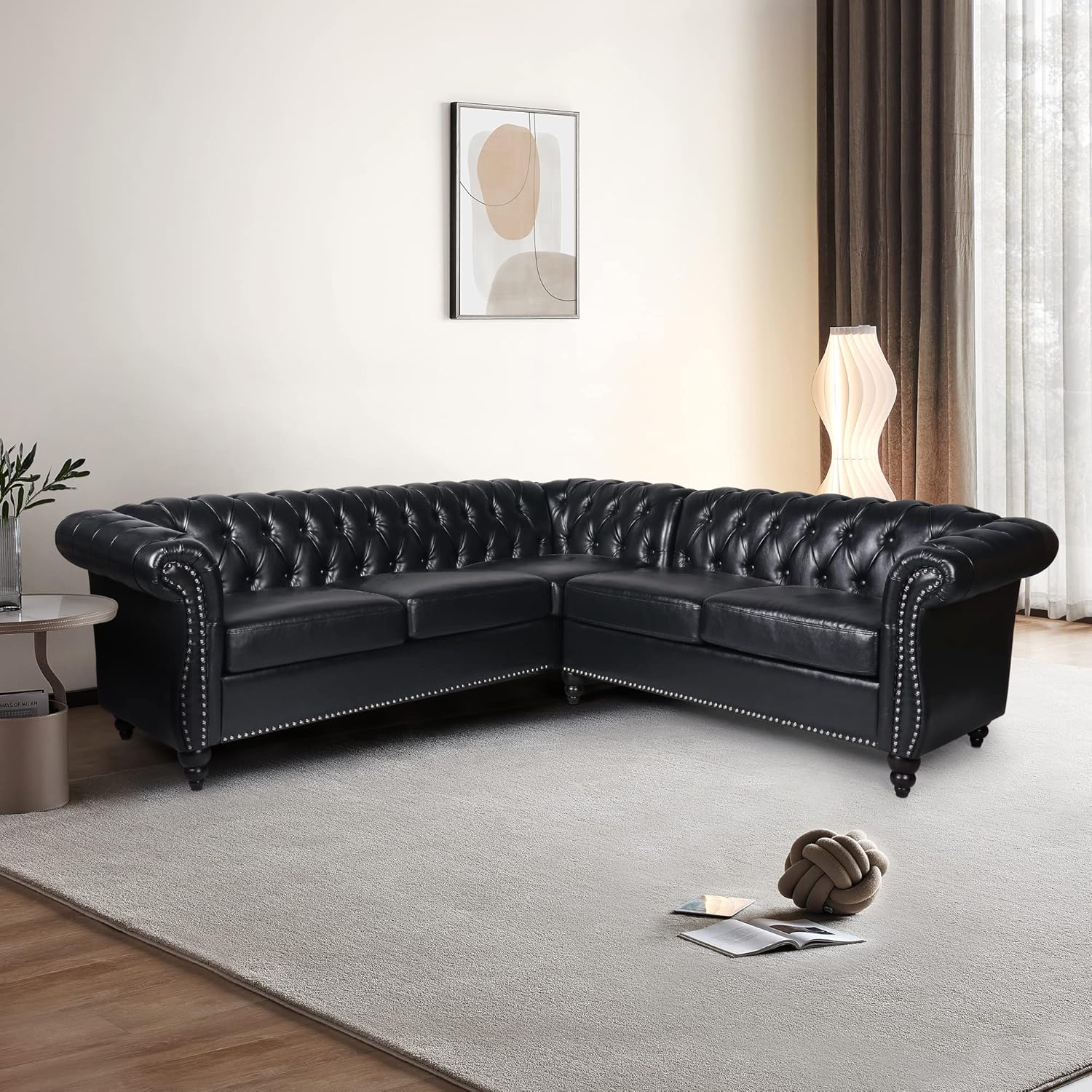 L Shaped Small Sectional Sofa, Chesterfield Leather Couch Tufted Accent Sofa with Scroll Arms and Nailhead for Living Room, Office