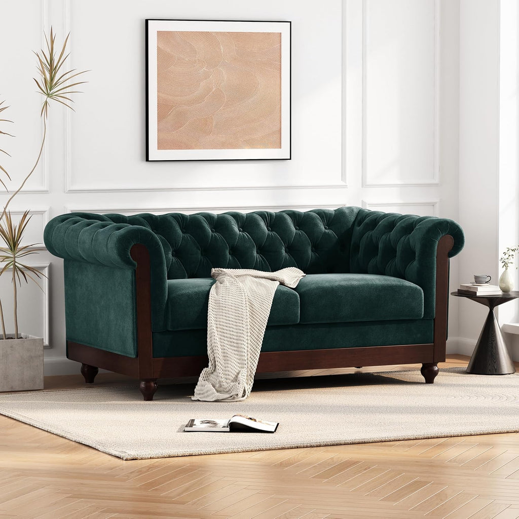 Merax Velvet Chesterfield Sofa, Retro Style Upholstered 3 Seater Leather Couch Rolled Arm for Living Room Bedroom Office, Dark Green