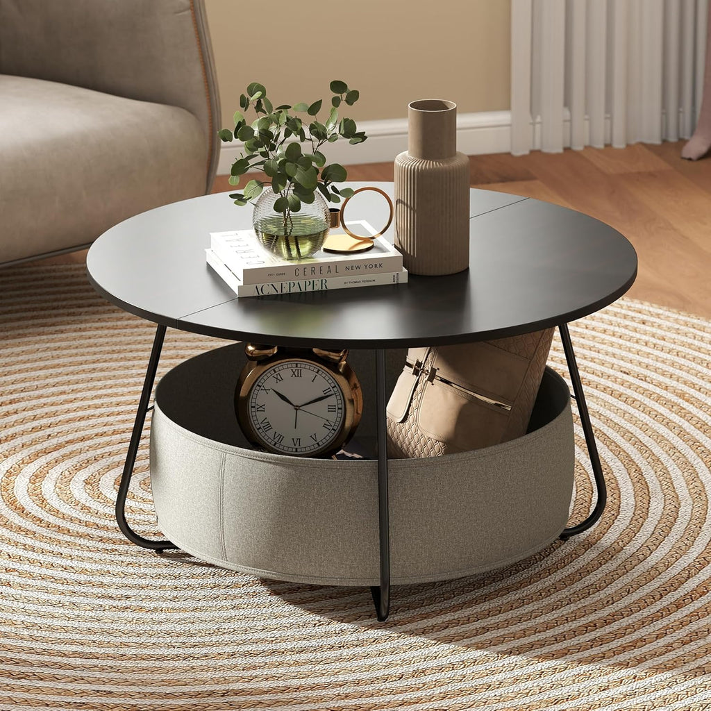 Manora Small Round Coffee Table for Living Room, Modern Center Table with Fabric Basket Storage, Cute Circle Table for Small Spaces, Metal Frame, Dark Brown and Black