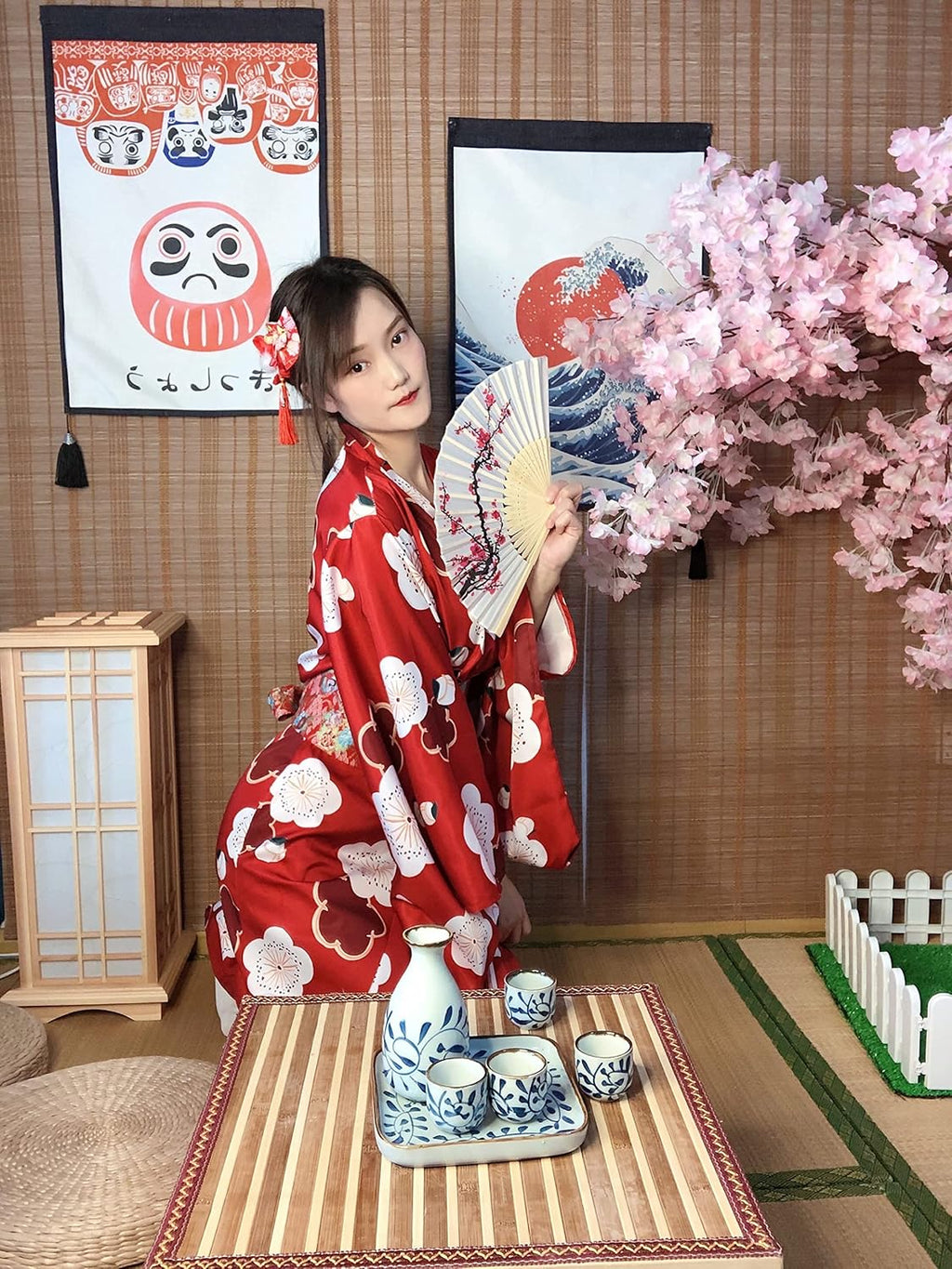 Japanese Anime Women's Long Kimono Robe Fancy Dress Hand Held Silk Folding Fans Tabi Socks Hairstick Set Sakura Red