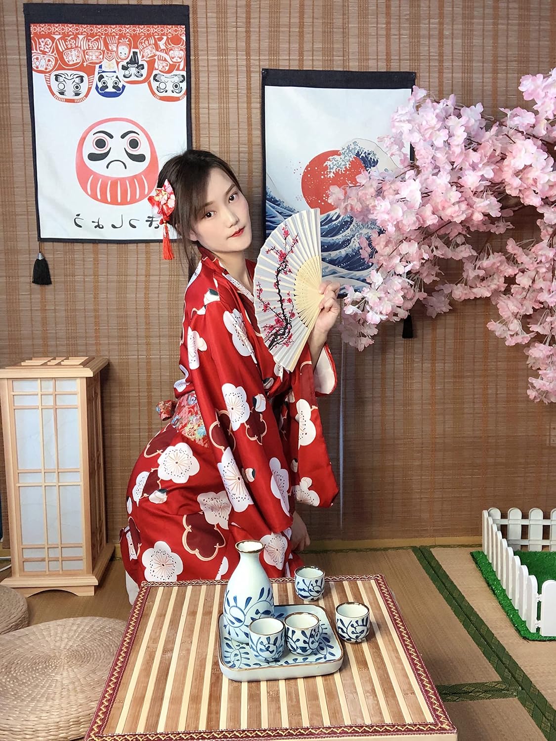Japanese Anime Women's Long Kimono Robe Fancy Dress Hand Held Silk Folding Fans Tabi Socks Hairstick Set Sakura Red
