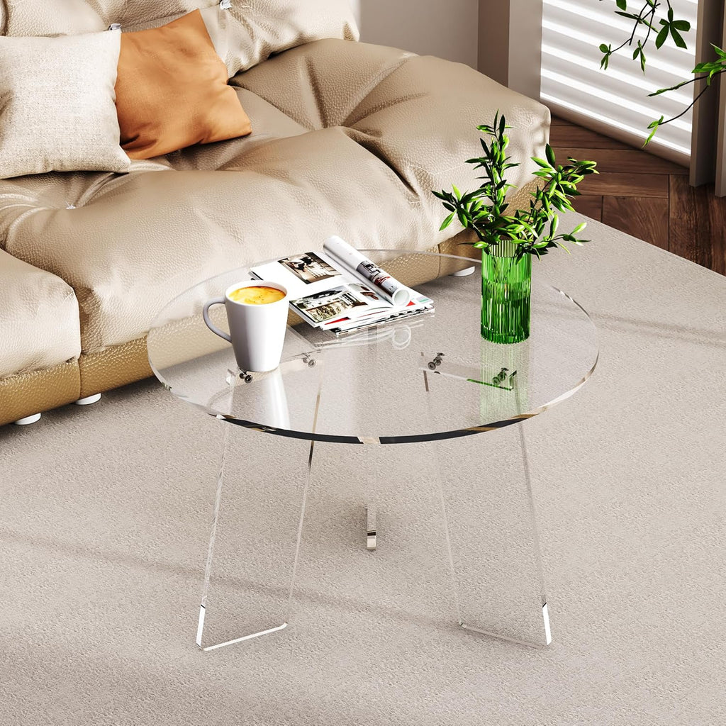 Acrylic Coffee Table Round, Clear Circle Modern Lucite Side Table Legs for Living Room, Bedroom, Office (Clear, 23.6“ × 15.7”)