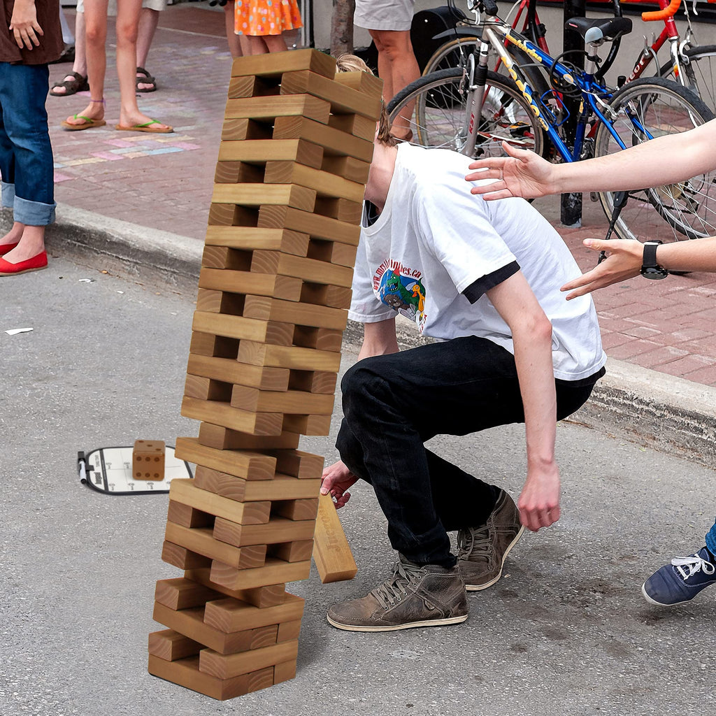 Juegoal 54 Peças Jogo de Torre de Blocos Gigante Jogo Gigante de Empilhar de Madeira com 1 Conjunto de Dados, Tabuleiro, Bolsa de Lona para Adultos, Crianças, Família, Marrom