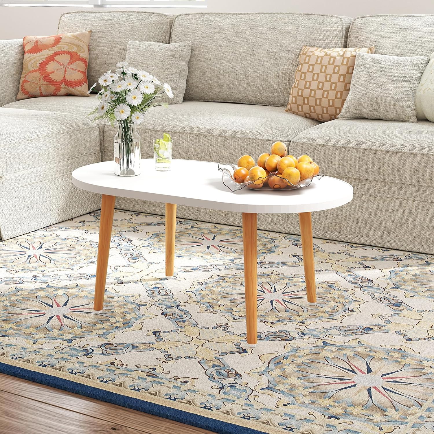 Oval Coffee Table Low Table with 4 Solid Wood Sturdy Legs, Floor Table Desk for Sitting on The Floor, Storage and Living Room Furniture (White)
