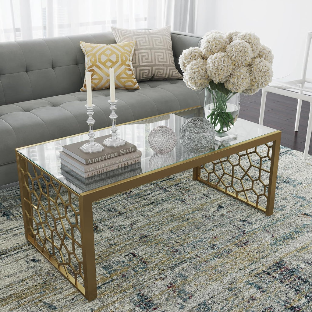 CosmoLiving by Cosmopolitan CosmoLiving Juliette Top, Soft Brass, Tempered Glass Coffee Table, 46.0 in x 24.0 in x 19.0 in