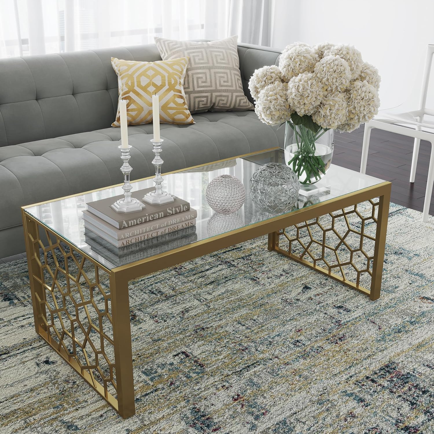 CosmoLiving by Cosmopolitan CosmoLiving Juliette Top, Soft Brass, Tempered Glass Coffee Table, 46.0 in x 24.0 in x 19.0 in