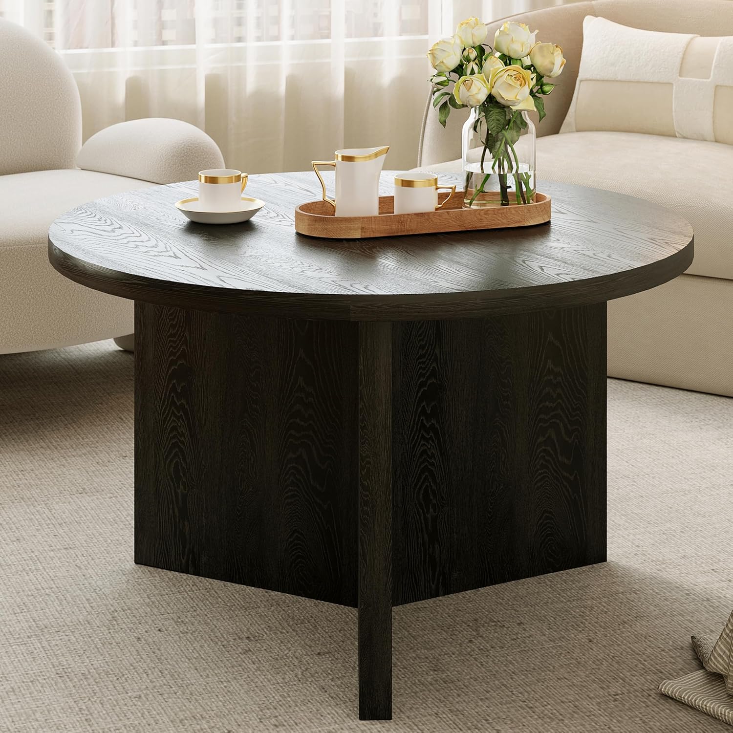 Luoxiao 27.5'' Coffee Table for Small Space, Minimalist Modern Table for Living Room, Durable & Sturdy Small Round End Table with Adjustable Feet Pads, Black