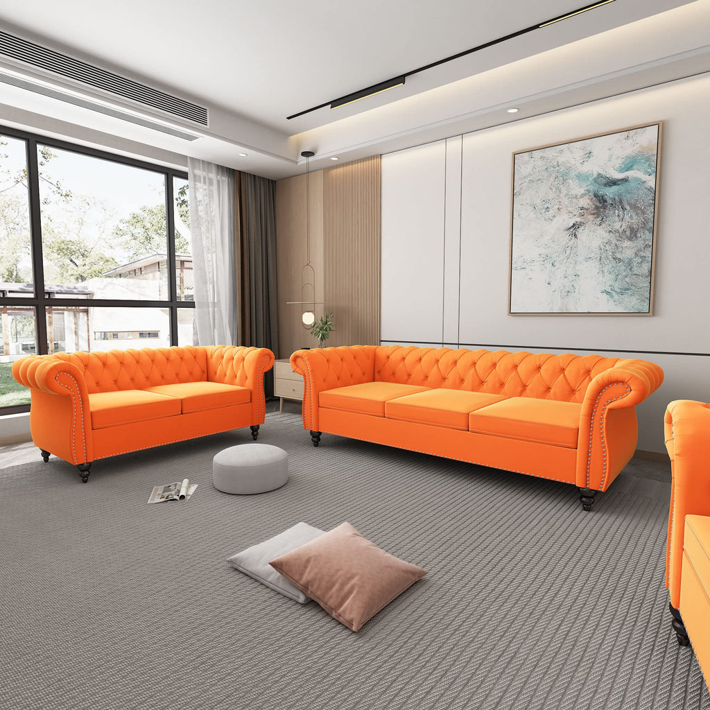 AVZEAR 3-Piece Living Room Sectional Sofa Set, Green Velvet Couch Upholstered Sofa Modern Sofa Couches Set Style Button Tufted, Velvet Chesterfield Sofa for Living Room Apartment, 1+2+3 Seat Green