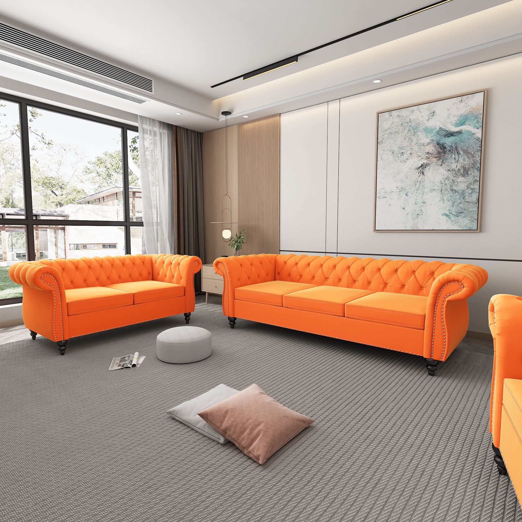 AVZEAR 3-Piece Living Room Sectional Sofa Set, Green Velvet Couch Upholstered Sofa Modern Sofa Couches Set Style Button Tufted, Velvet Chesterfield Sofa for Living Room Apartment, 1+2+3 Seat Green