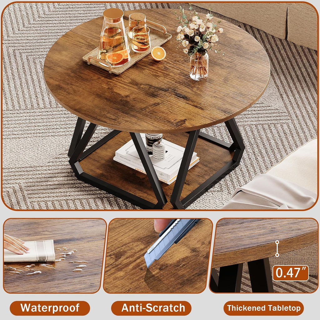 Round Coffee Table, 31.5" 2-Tier Center Table with Storage Shelf, Modern Rustic Circle Wood Coffee Table for Living Room, Apartment (Rustic Brown)
