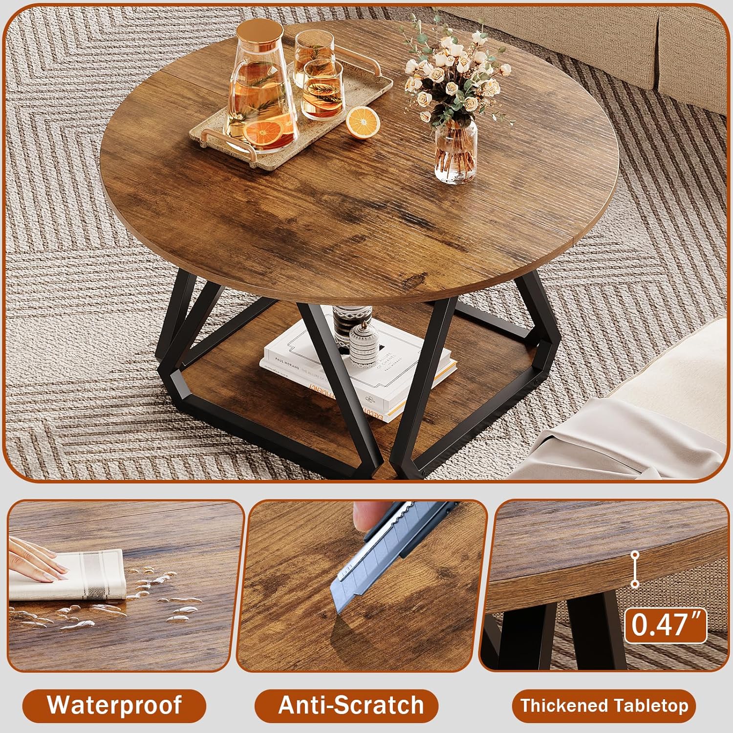 Round Coffee Table, 31.5" 2-Tier Center Table with Storage Shelf, Modern Rustic Circle Wood Coffee Table for Living Room, Apartment (Rustic Brown)