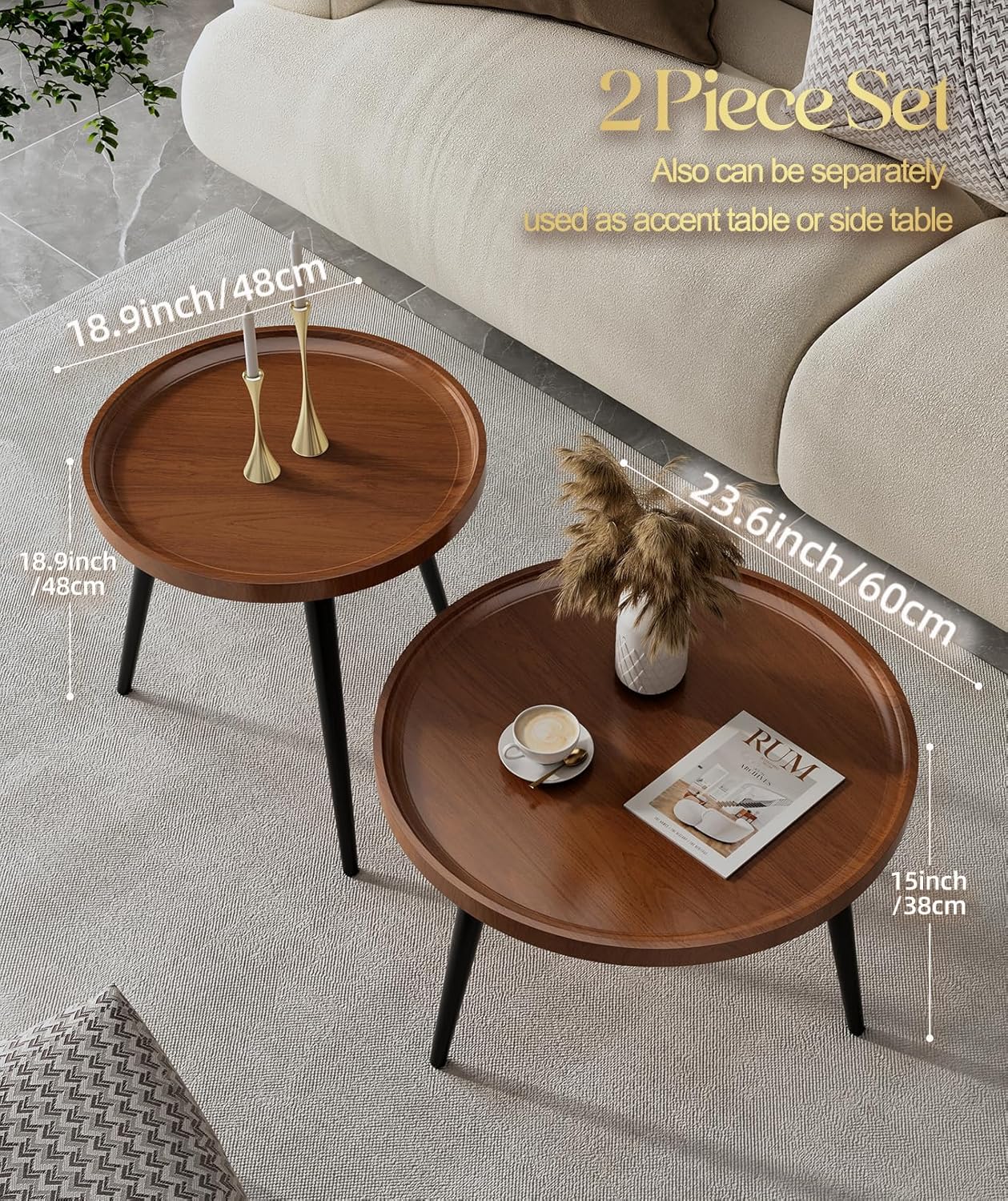 2-Piece Walnut Coffee Table,Durable Mid Century Small Round Coffee Tables for Living Room,Easy Assembly Modern Nesting Coffee Tables Set,Circle Side Tables for Sofa Bedside Balcony