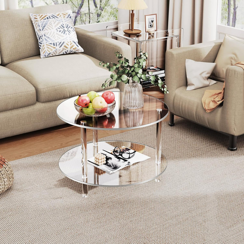Acrylic Coffee Table, Small Round Modern Coffee Table for Living Room,23.6" D x 23.6" W x 16.5" H