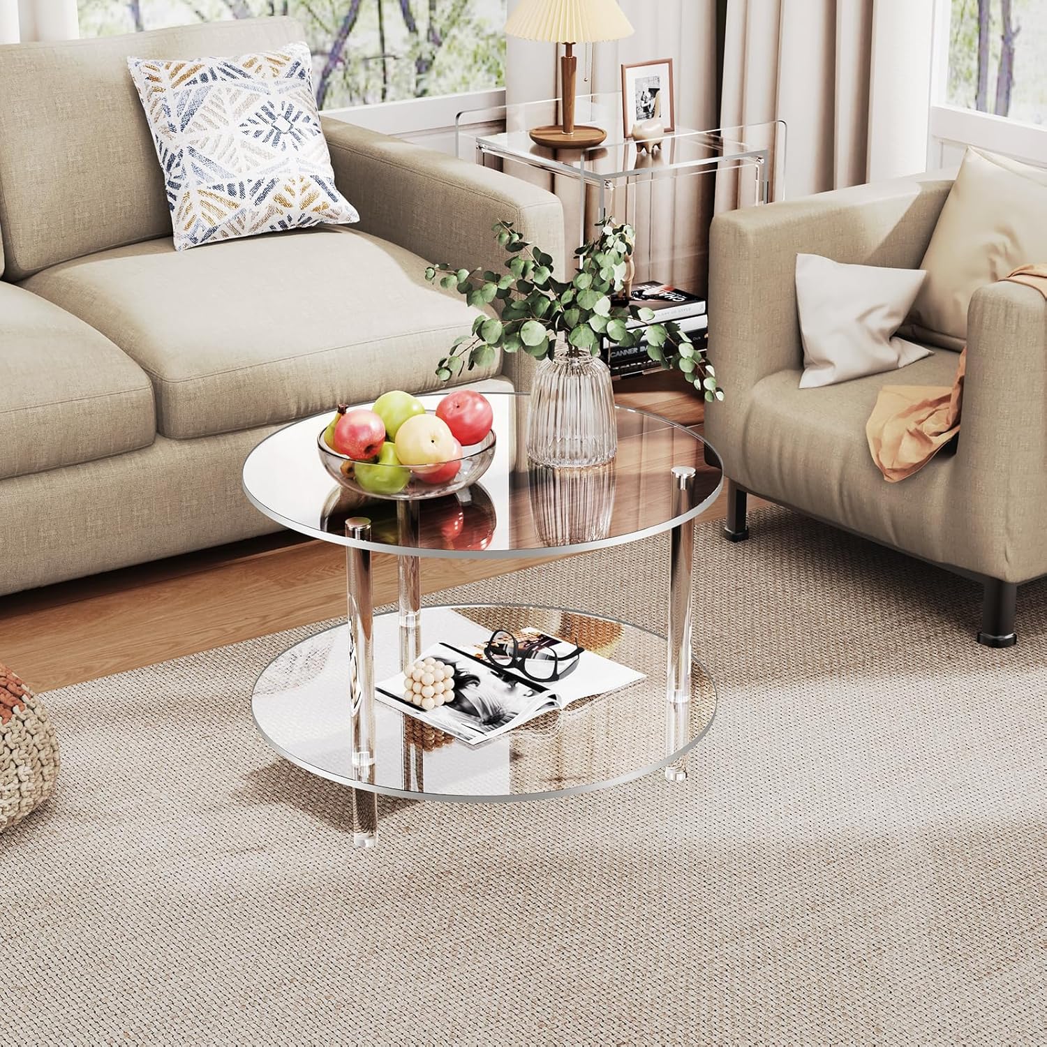 Acrylic Coffee Table, Small Round Modern Coffee Table for Living Room,23.6" D x 23.6" W x 16.5" H