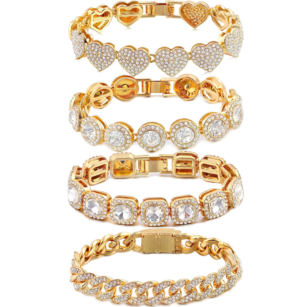 4PCS Gold Bracelets for Women Silver Clustered Tennis Bracelet for Women Heart Round Diamond Cuban Bracelet Layered Link Bracelet Set Fashion Jewelry for Women Set