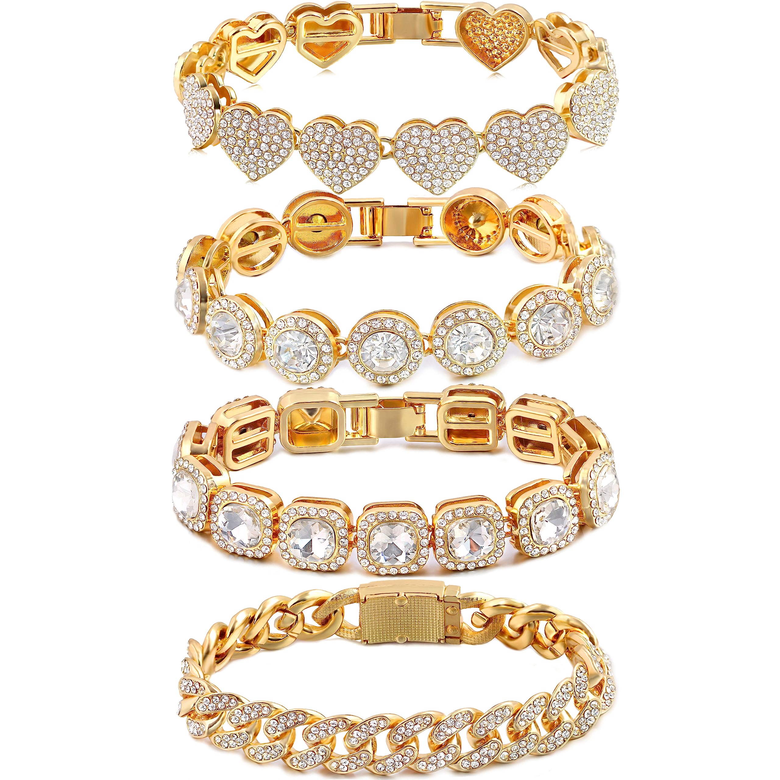 4PCS Gold Bracelets for Women Silver Clustered Tennis Bracelet for Women Heart Round Diamond Cuban Bracelet Layered Link Bracelet Set Fashion Jewelry for Women Set