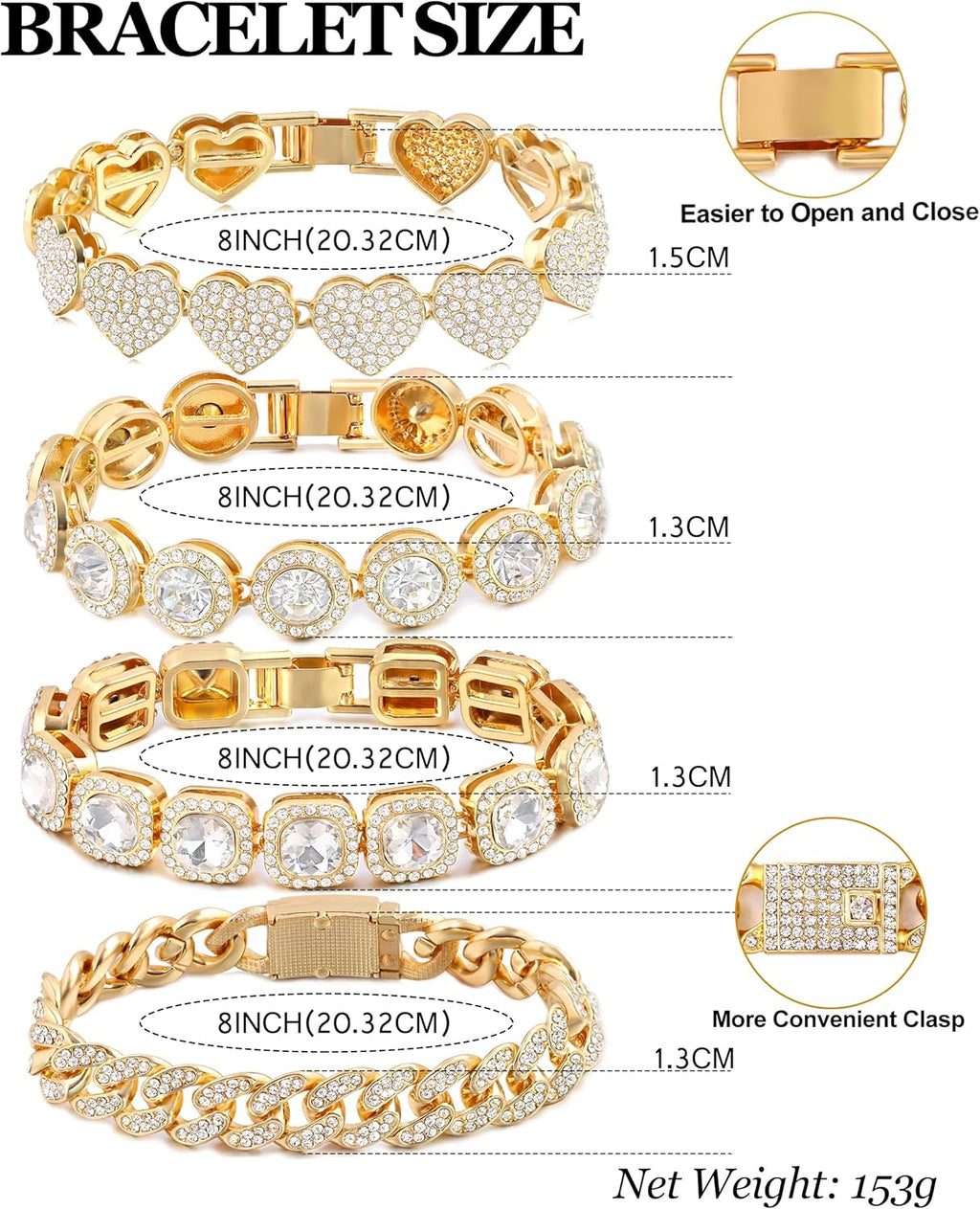 4PCS Gold Bracelets for Women Silver Clustered Tennis Bracelet for Women Heart Round Diamond Cuban Bracelet Layered Link Bracelet Set Fashion Jewelry for Women Set