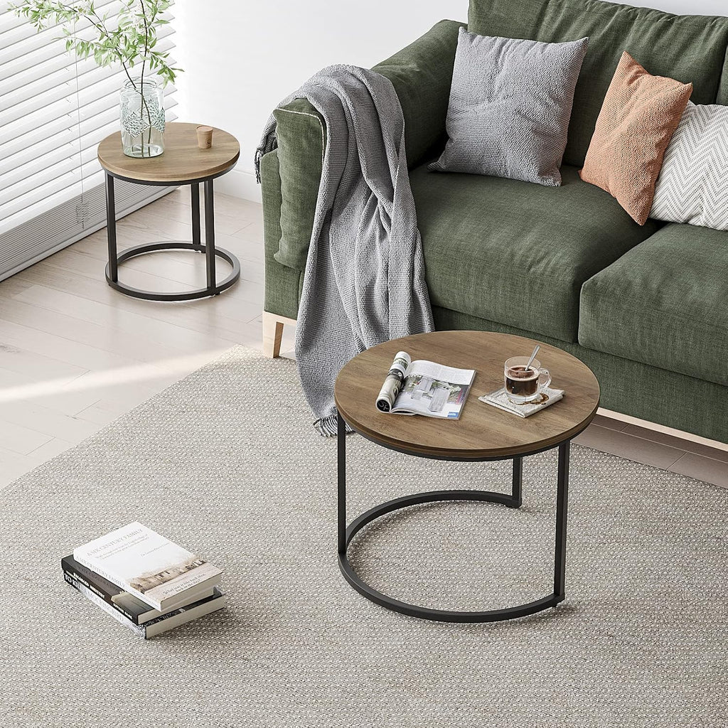 Smuxee Nesting Coffee Table Set of 2, 23.6" Round Coffee Table Wood Grain Top with Adjustable Non-Slip Feet, Industrial End Table Side Tables for Living Room Bedroom Balcony Yard