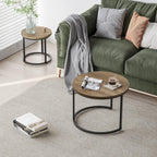 Smuxee Nesting Coffee Table Set of 2, 23.6" Round Coffee Table Wood Grain Top with Adjustable Non-Slip Feet, Industrial End Table Side Tables for Living Room Bedroom Balcony Yard