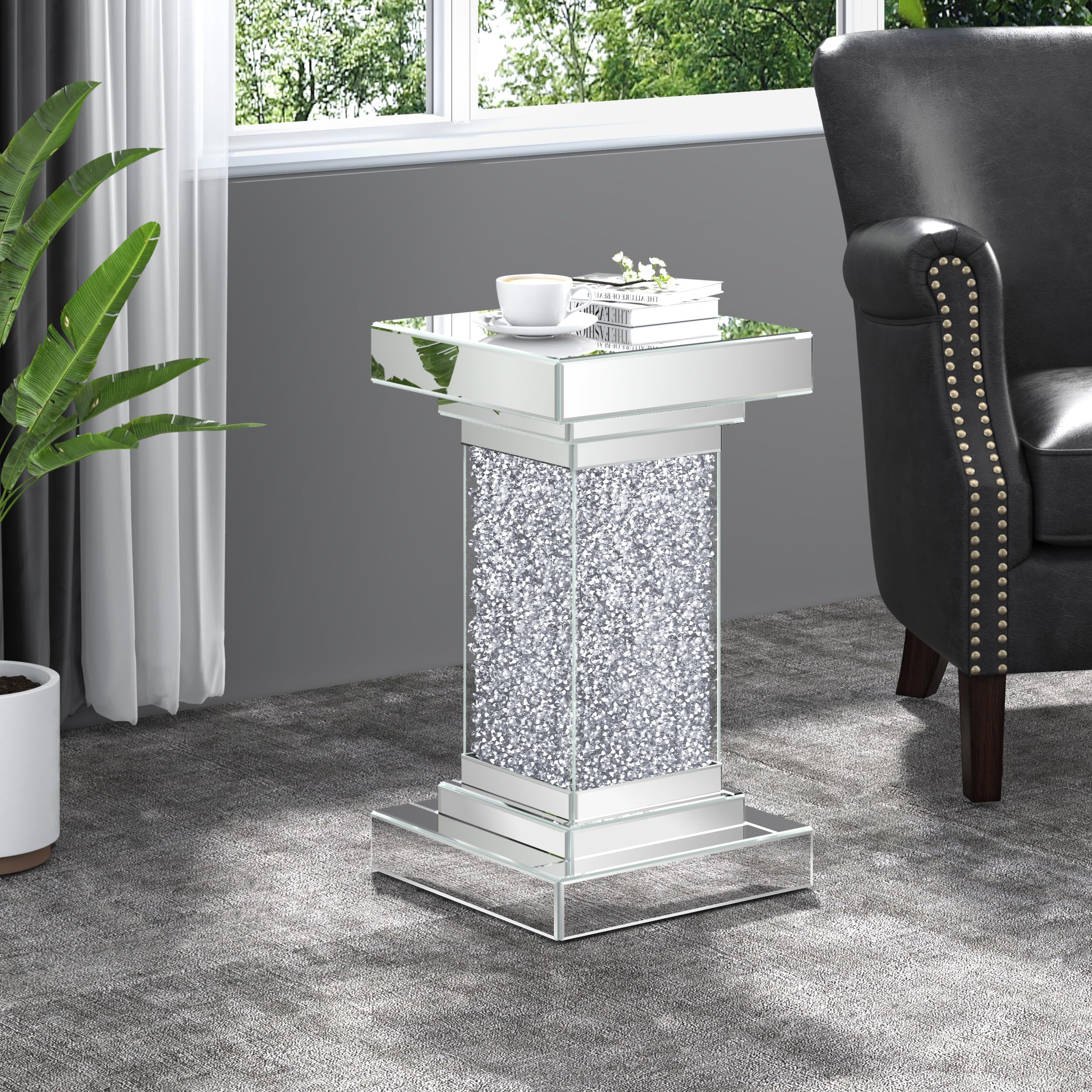 ENENE Mirrored End Table Crystal Diamond Setting Coffee Table Silver Glass Side Table Pedestal Stand for Hallway, Living Room, Corner, Bedroom, Sofa