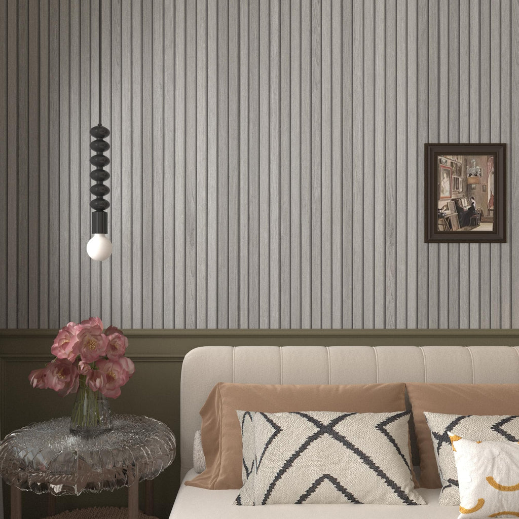 JSEVEM 16"×118" 3D Cream White Grey Slats Striped Wood Wallpaper Peel and Stick Waterproof Gray Slat Stripe Wood Contact Paper Vinyl Self Adhesive Wood Stickers for Walls Cabinets Kitchen Countertops