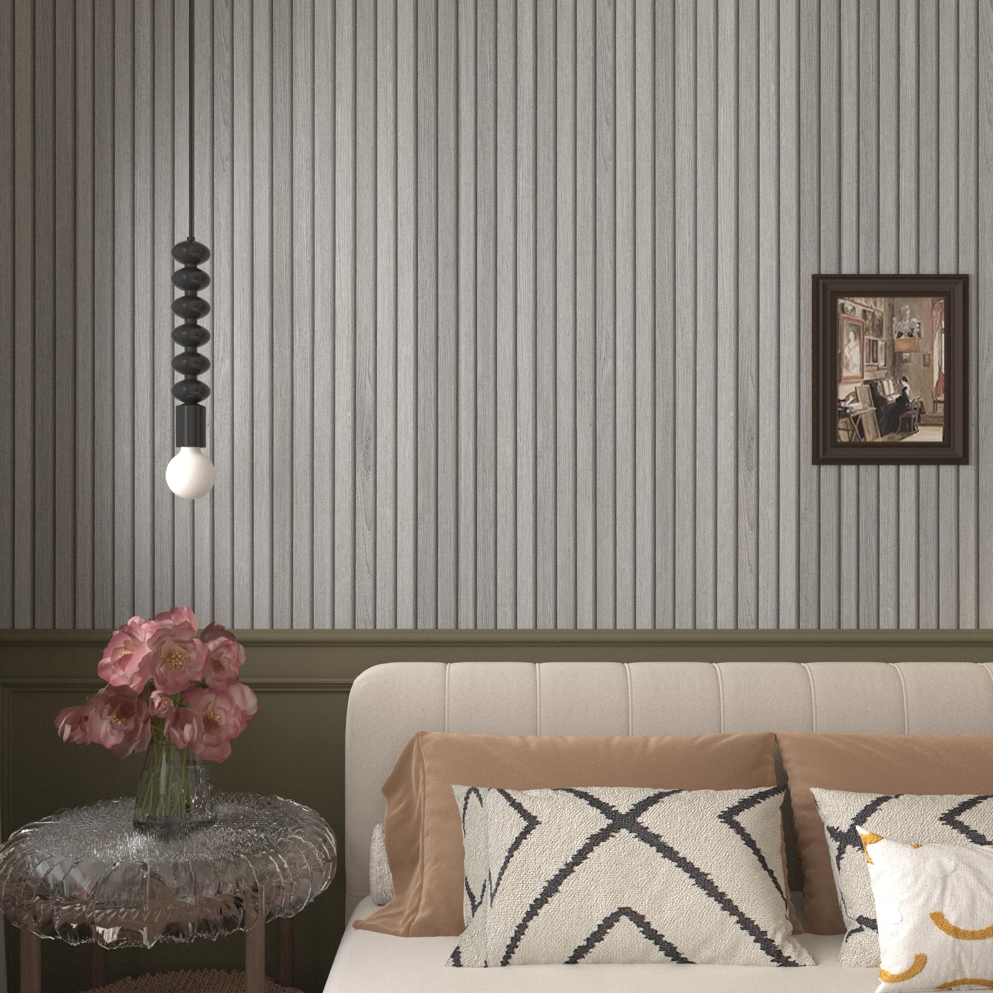 JSEVEM 16"×118" 3D Cream White Grey Slats Striped Wood Wallpaper Peel and Stick Waterproof Gray Slat Stripe Wood Contact Paper Vinyl Self Adhesive Wood Stickers for Walls Cabinets Kitchen Countertops