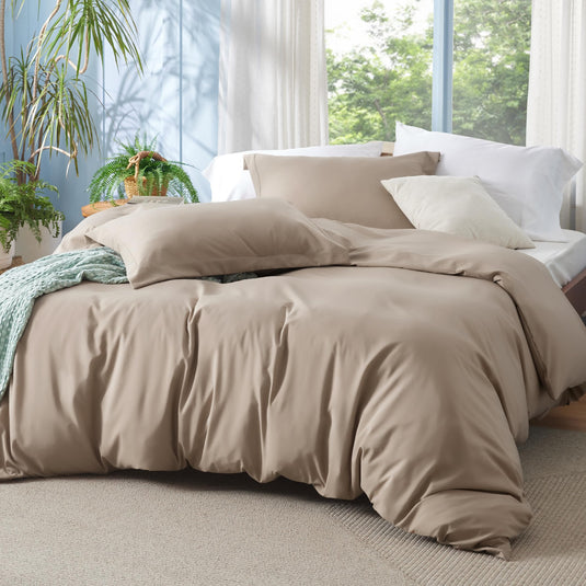 Bedsure Grey Duvet Cover Queen Size - Polyester & Rayon Derived from Bamboo Cooling Queen Duvet Cover Set, 3 Pieces, 1 Zipper Closure Duvet Cover (90"x90") & 2 Pillow Shams, Comforter Sold Separately