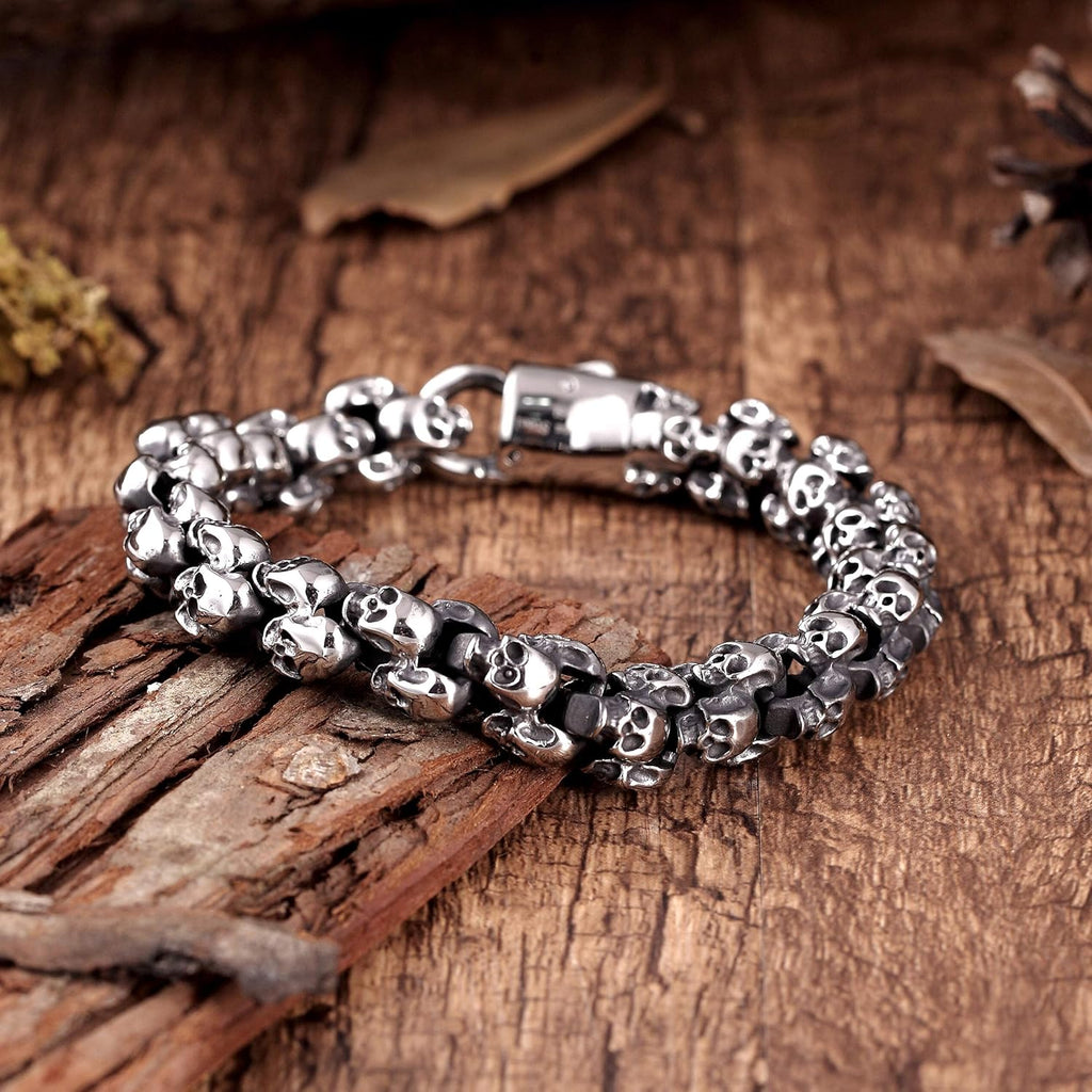 Bold Men’s Biker Bracelet – Double Link Chains Embellished with Rows of Death’s Skull in a Polished Silver Finish – Made of Rust & Discoloration Resistant Stainless Steel – Jewelry Gift for Men