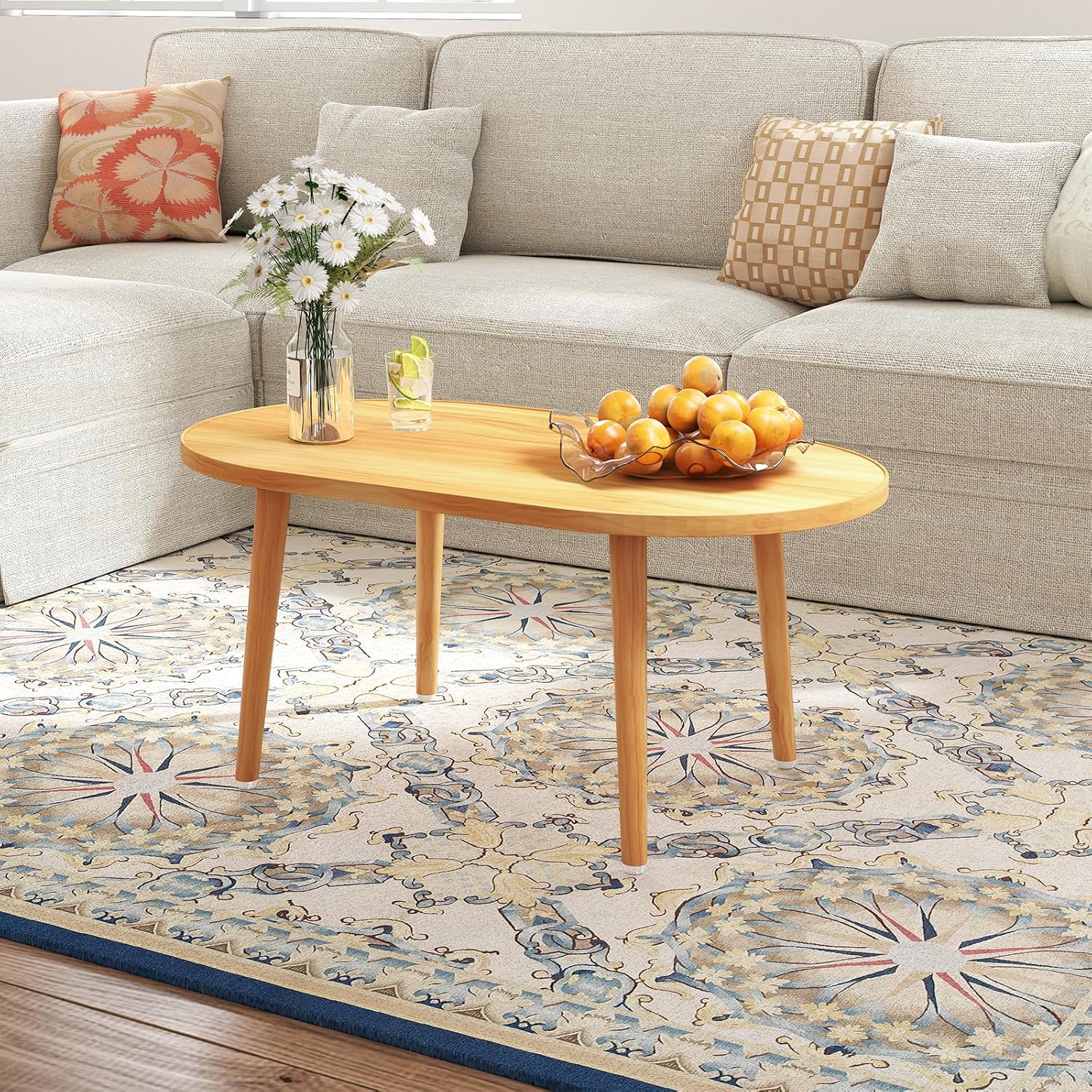 Oval Coffee Table Low Table with 4 Solid Wood Sturdy Legs, Floor Table Desk for Sitting on The Floor, Storage and Living Room Furniture (Natural)