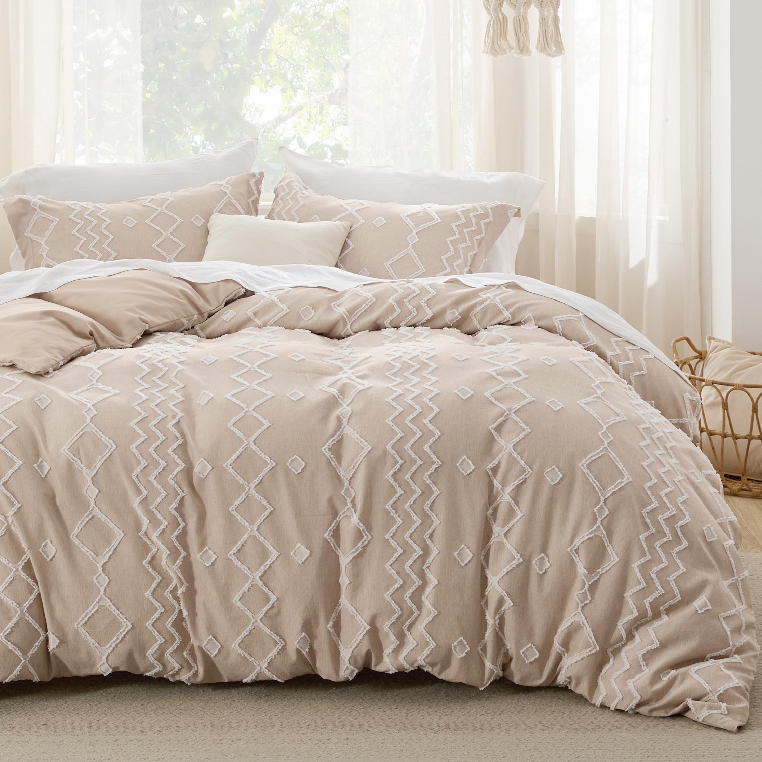 Housse de couette Boho Bedsure - Parure de lit Boho pour toutes les saisons, housse de couette jacquard shabby chic (gris, géométrique, king size, 104"x90")