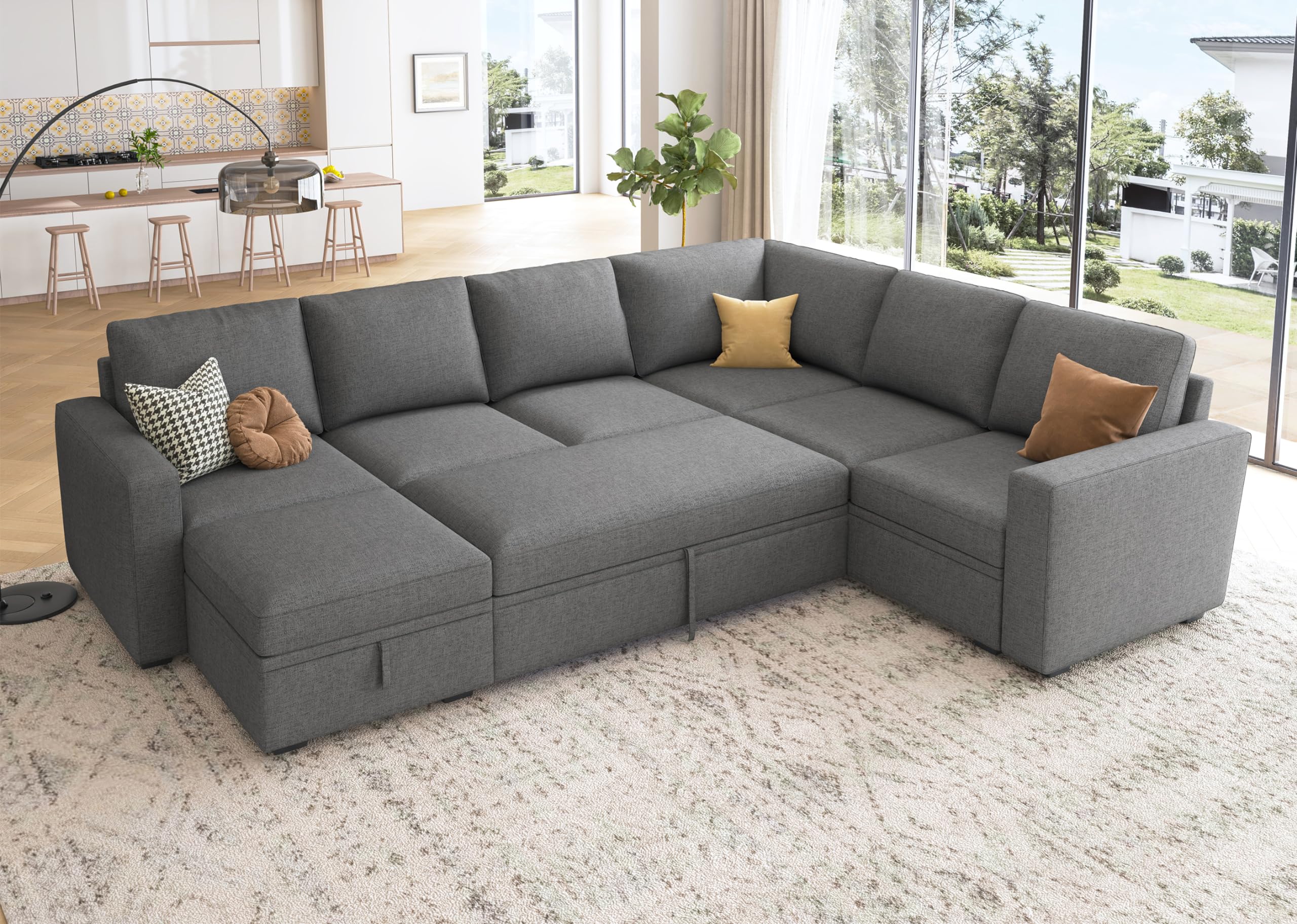 HONBAY Modular Sectional Sleeper Sofa with Pull Out Bed, L Shaped Couch with Storage Seat, Convertible Sectional Couches for Living Room, Beige